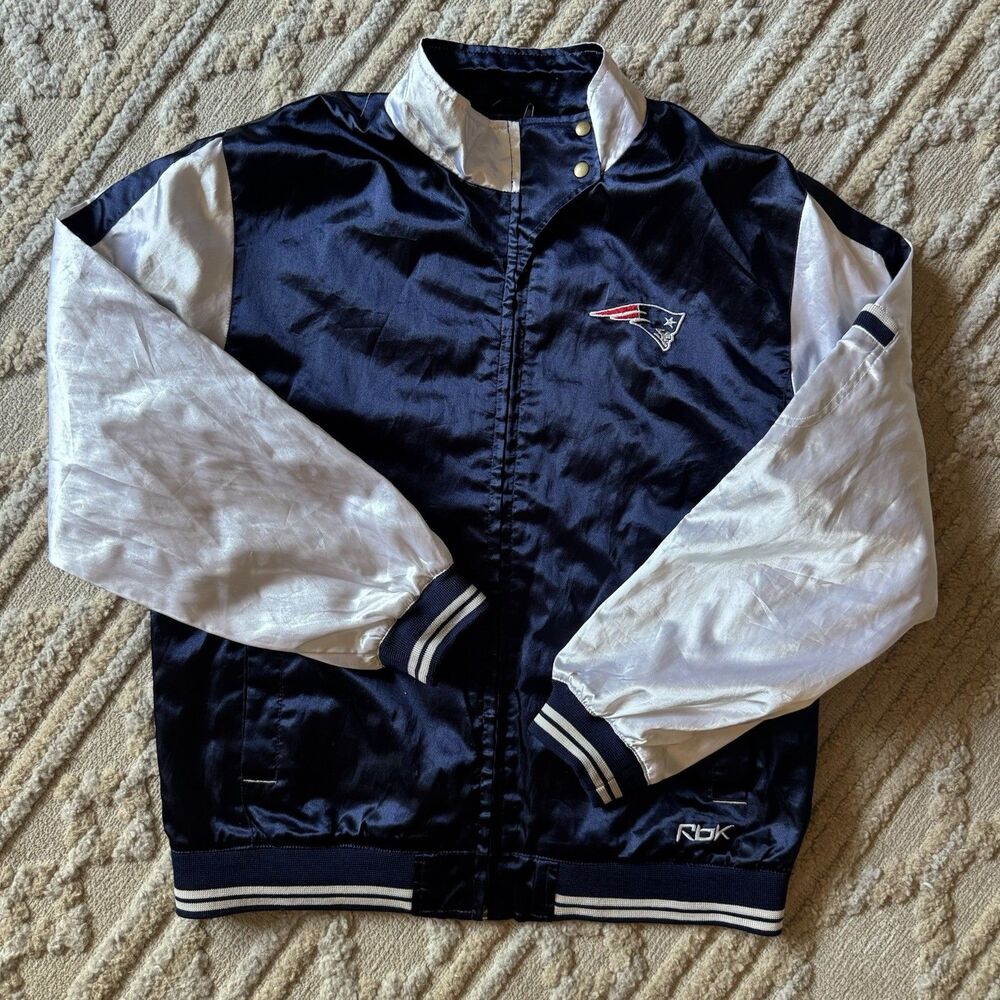 Vintage Reebok New England Patriots Satin Bomber Jacket Youth XL 16 Navy
